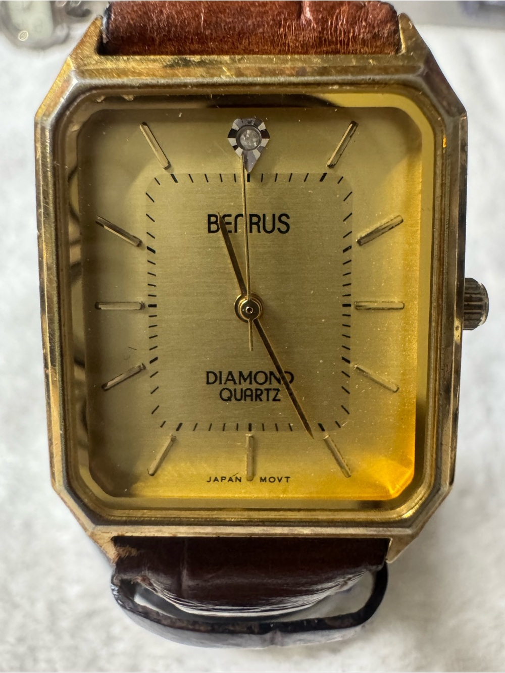 Benrus Gold-Tone Diamond Accent Quartz Watch with Brown Leather Strap